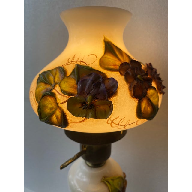 1980s Vintage Victorian Hurricane Opaque 3d Table Lamp - "Gone With the Wind" Featuring Raised, Hand-Painted Floral Motifs on Milk Glass a Marble Base For Sale - Image 5 of 10