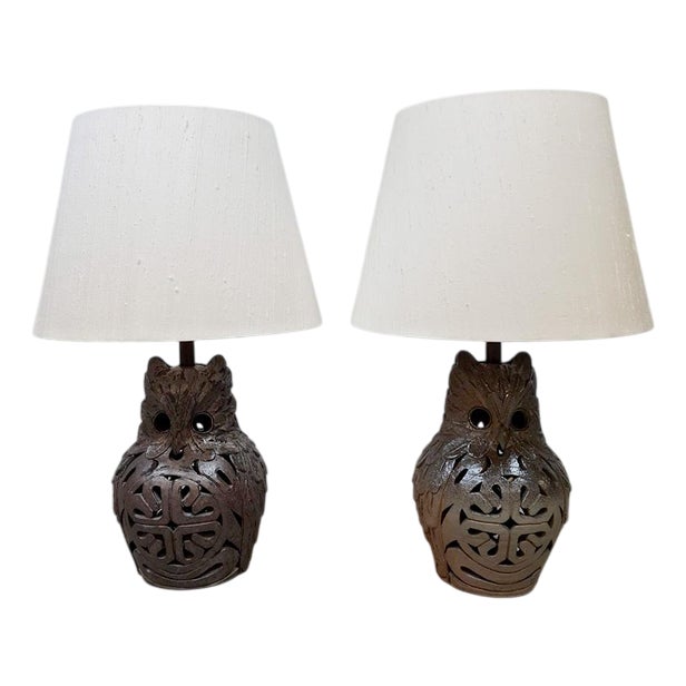 Vintage Ceramic Owl Lamps in Ceramic, 1970s, Set of 2 For Sale