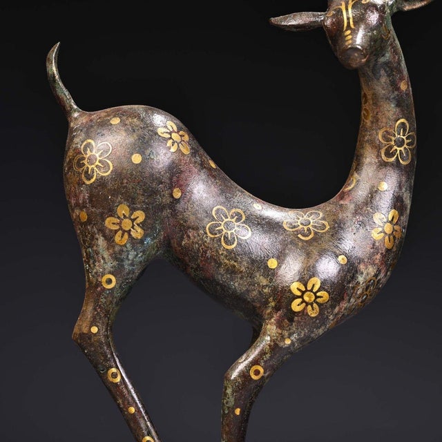 Metal Early 20th Century Gold-Inlaid Bronze Deer Sculpture – 18.9" Archaic Style Figure For Sale - Image 7 of 10