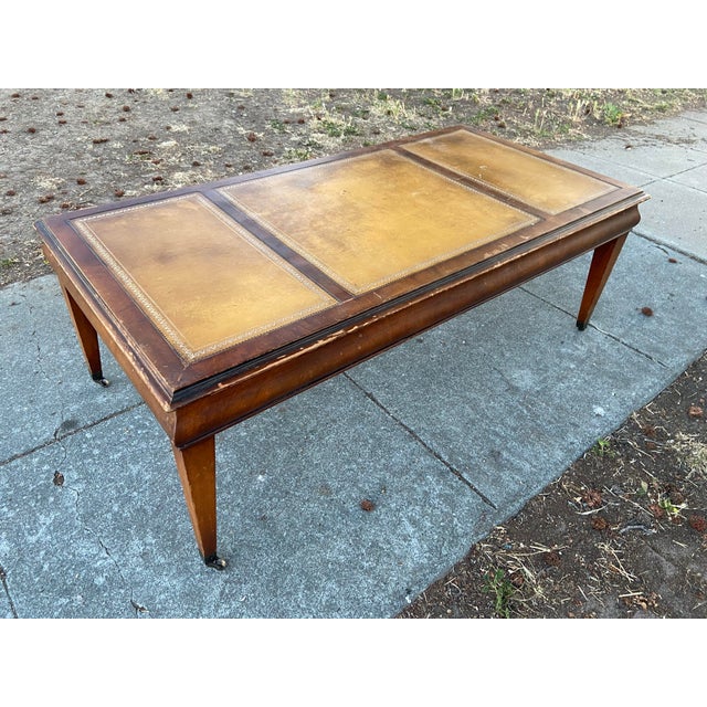 Wood Antique English Regency Mahogany & Leather Top Coffee Table on Casters For Sale - Image 7 of 12