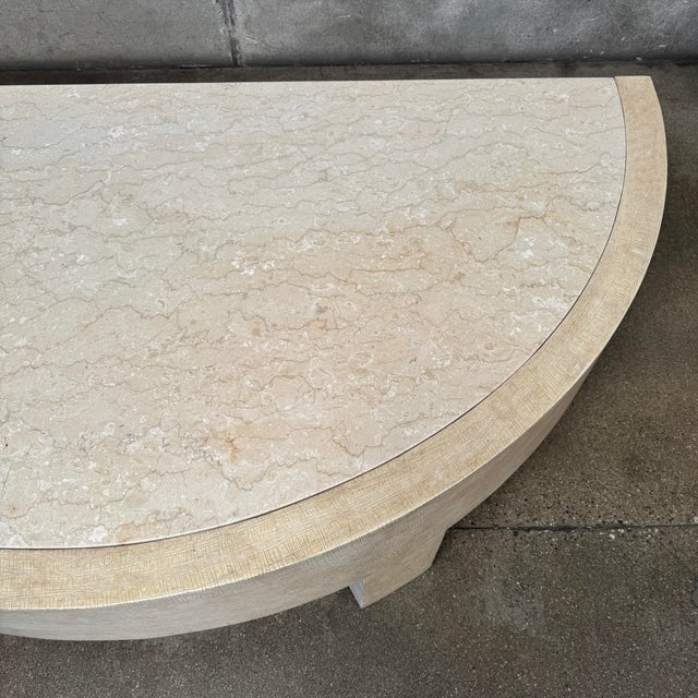 Mid-Century Modern Vintage Post Modern Half Moon Beige Wood & Travertine Coffee Table For Sale - Image 3 of 12