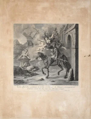 Don Quichotte conduit par la Folie - Original Etching by Louis Surugne - 1730