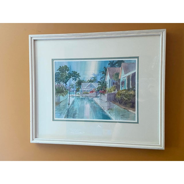 Late 20th Century Irma Quigley Original Watercolor Key West Rainy Street Signed Framed Matted For Sale - Image 5 of 11
