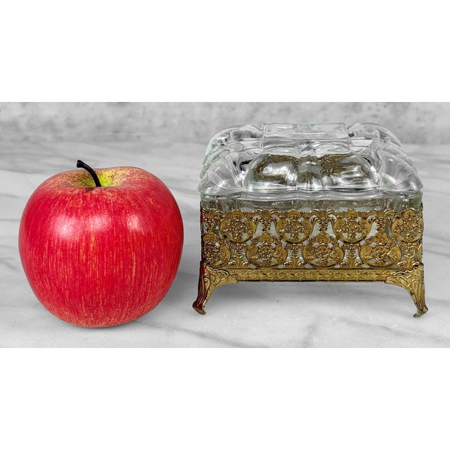 Original 1970's Rococo Style Vanity/Dresser Box Gold Filigree Pierced Metal with Heavy Floral Motif Thick Scalloped Glass...
