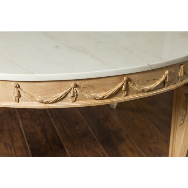 Neoclassical Mid 20th Century Italian Vintage Neoclassical Style Pine Dining Table with Marble Top and Swags For Sale - Image 3 of 12