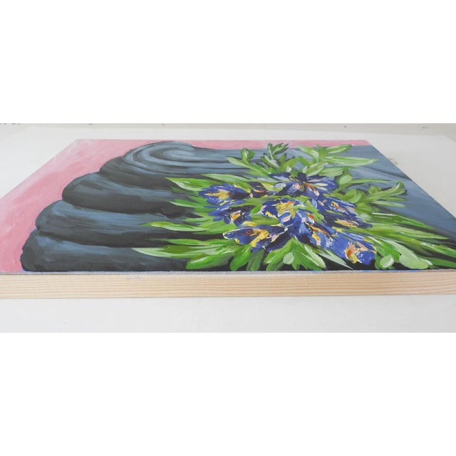 Late 20th century acrylic on wood panel impressionist painting of flowers and chair. Unsigned. Unframed, panel mounted on...