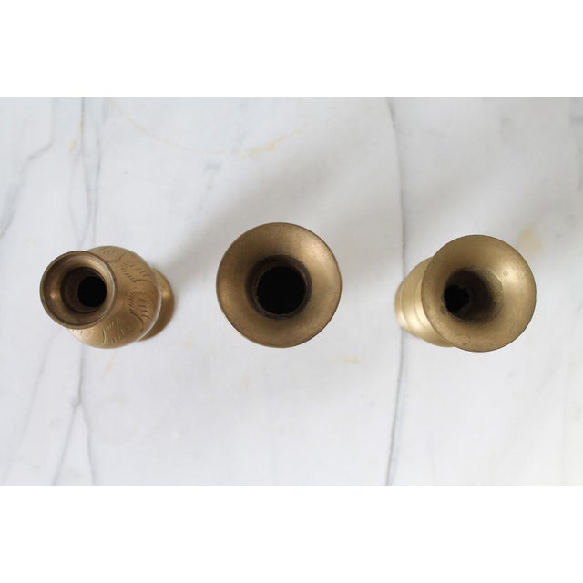 Vintage Etched Brass Bud Vases S/3 For Sale In Milwaukee - Image 6 of 8