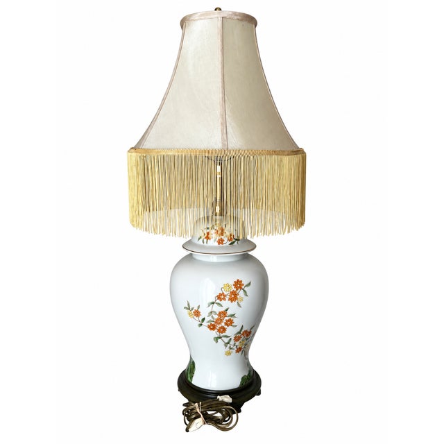 White Vintage Chinoiserie Floral Ginger Jar Table Lamp With Long Gold Fringe Shade For Sale - Image 8 of 16
