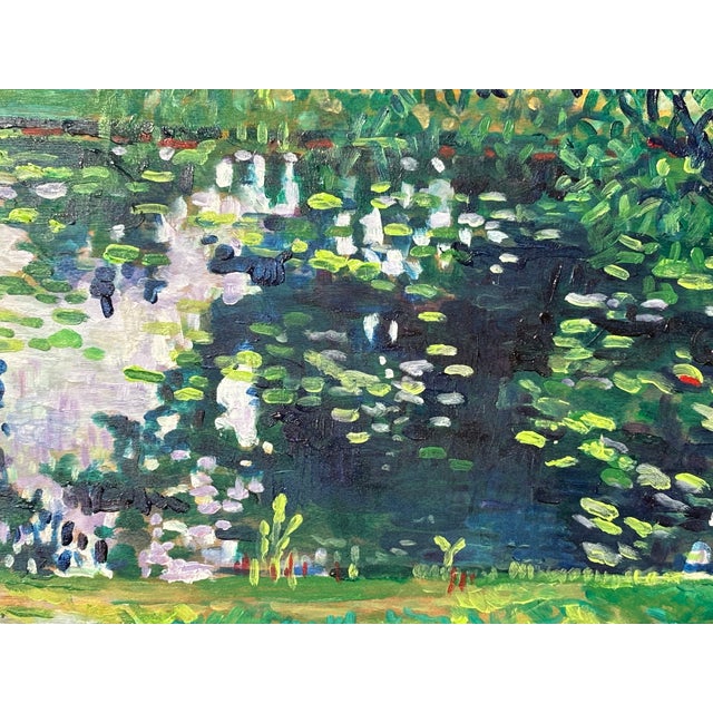 Impressive 2000s era original oil on board of a water lily pond scene. Artisan signed, beautifully crafted, and -...