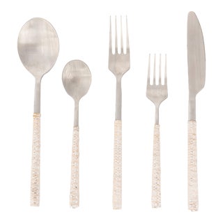 Artifacts Rattan Stainless Steel Cutlery with Gift Box in White - Set of 5 For Sale