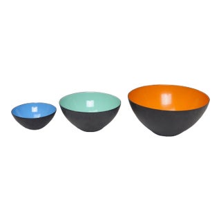 Set of Three Danish Modern Krenit Bowls by Herbert Krenchel in Orange, Mint, and Blue Enamel For Sale