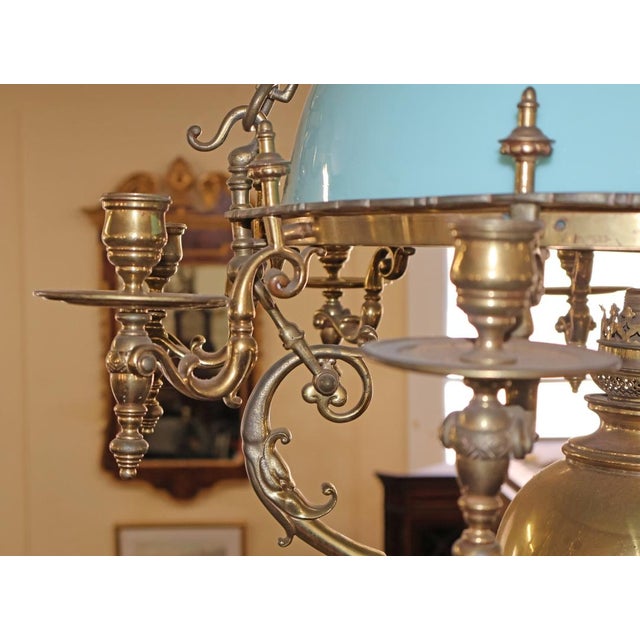 Late 19th Century Brass Kerosene Oil Chandelier With Blue Shade For Sale - Image 11 of 12