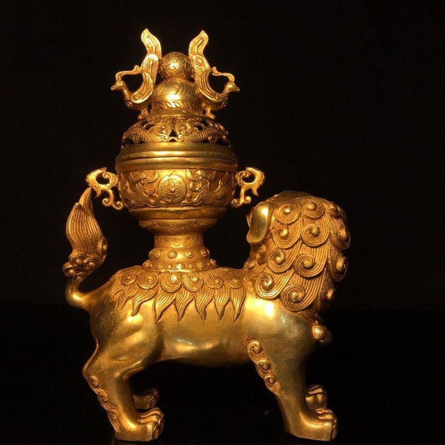 Chinese Gilt Bronze Lion Incense Burner Censer With Openwork Lid For Sale - Image 3 of 9