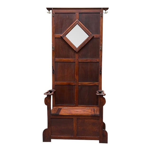 Antique English Oak Hall Tree With Lift Top Seat, Umbrella Drip Trays, Mirror & Coat Hooks c.1920 For Sale