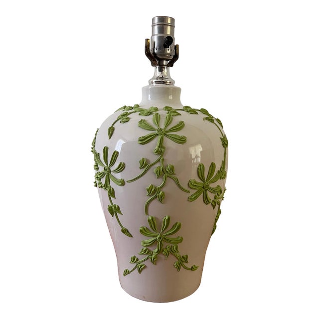 Vintage Ceramic Lamp With Applied Green Floral Motif For Sale