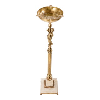 1960s Spanish Brass & Alabaster Standing Ashtray – Heraldic Coin Motif For Sale