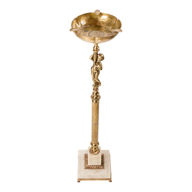 1960s Spanish Brass & Alabaster Standing Ashtray – Heraldic Coin Motif For Sale