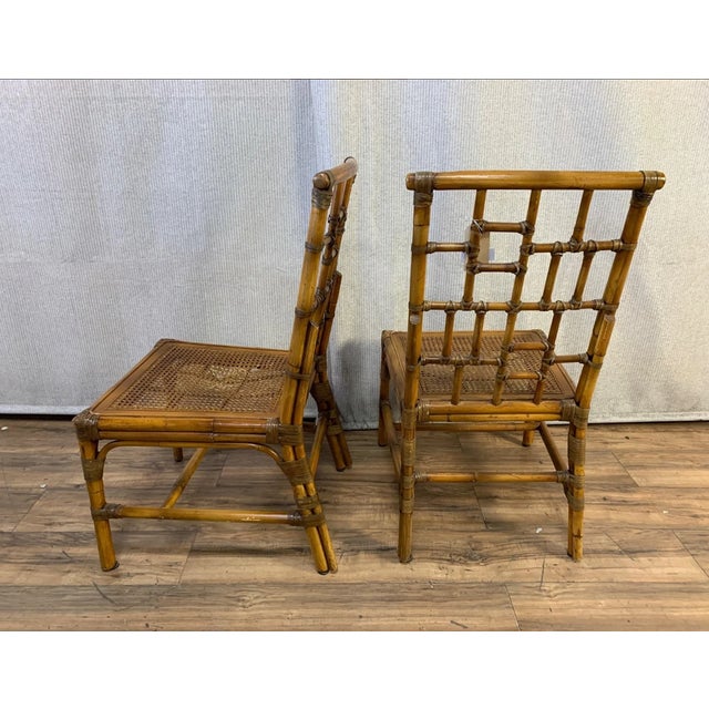 Baker Furniture Company Pair Vintage Baker Furniture Side Chairs ~ Chinoiserie Bamboo Cane Brown Chairs For Sale - Image 4 of 4