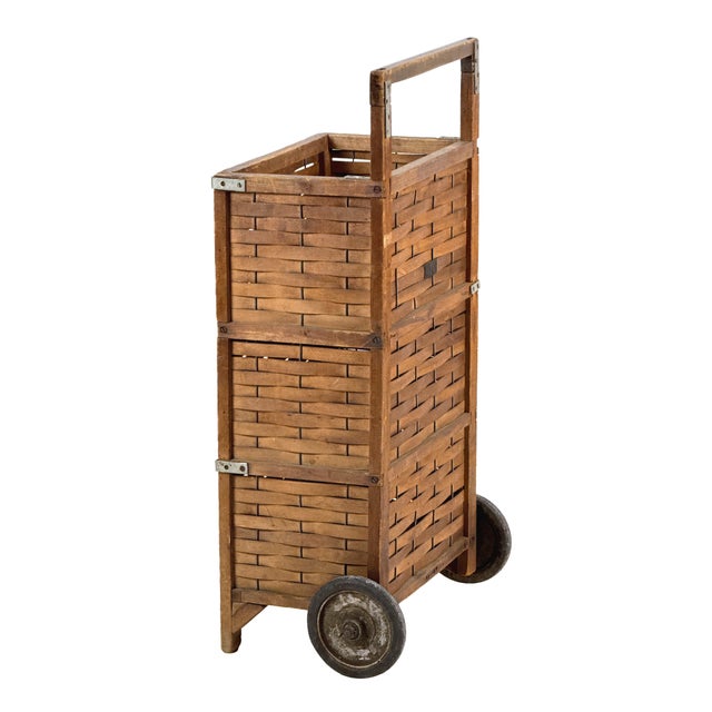 Antique 1910s Woven Splint Wood Rolling Cart Utility Basket / Wheeled Shopping Trolley For Sale - Image 4 of 18