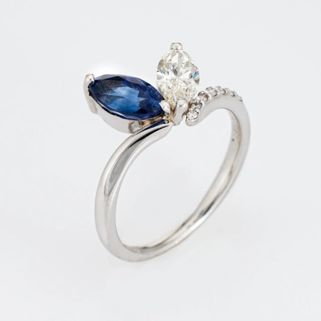 Contemporary Sapphire Diamond Moi Et Toi Platinum Marquise Engagement Ring Size 6 For Sale - Image 3 of 7
