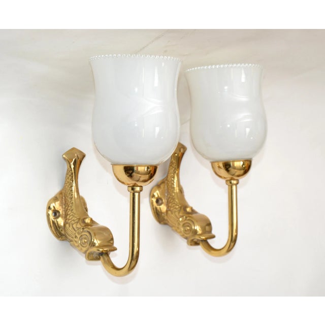 Maison Lancel Brass Dolphin Sconces Ruffled Opaline Glass Shade France 1950-Pair For Sale - Image 13 of 13
