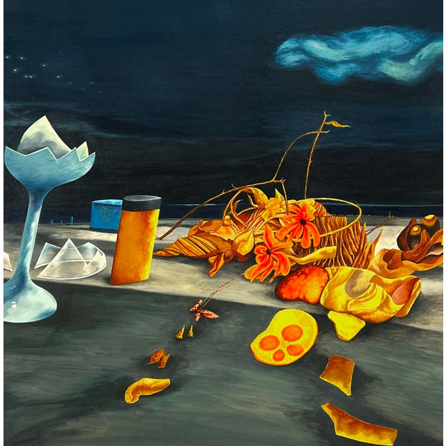 Surrealism "Nightgale" Surreal Still Life in a Blue Landscape Style of Yves Tanguy and Dali by Kennard M Harris For Sale - Image 3 of 7