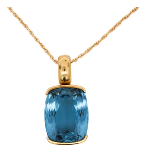 Gia Certified Cushion Cut Blue Topaz in 18k Gold Bezel Pendant Necklace