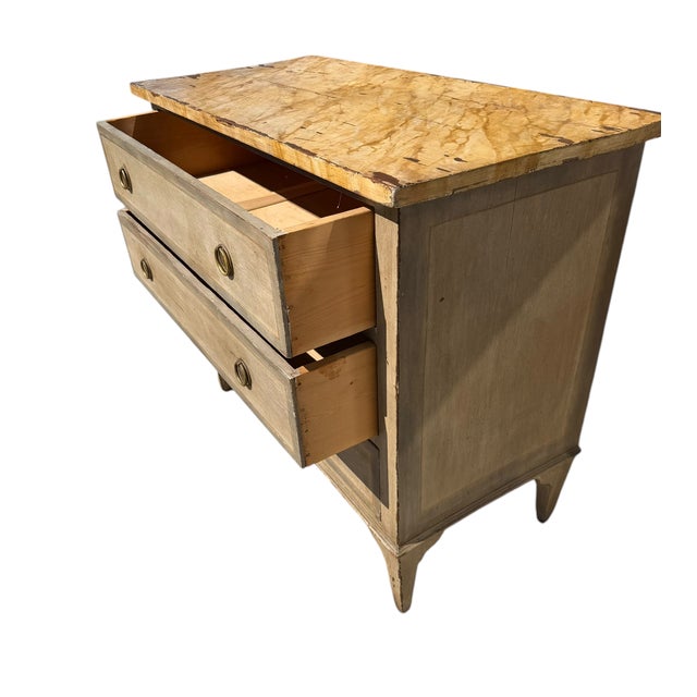 Antique Gustavian Style Swedish Empire Commode Chest of Drawers. Featuring a trompe l'oeil painted faux marble top and peg...