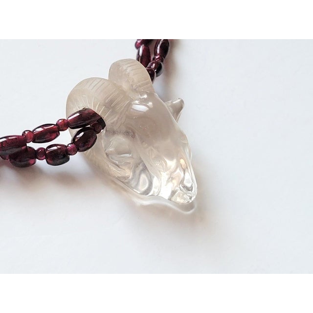 Indian 18th Century Artifact Mogul Estate Rock Crystal Ram Head Amulet and Garnet Beads Necklace For Sale - Image 3 of 10