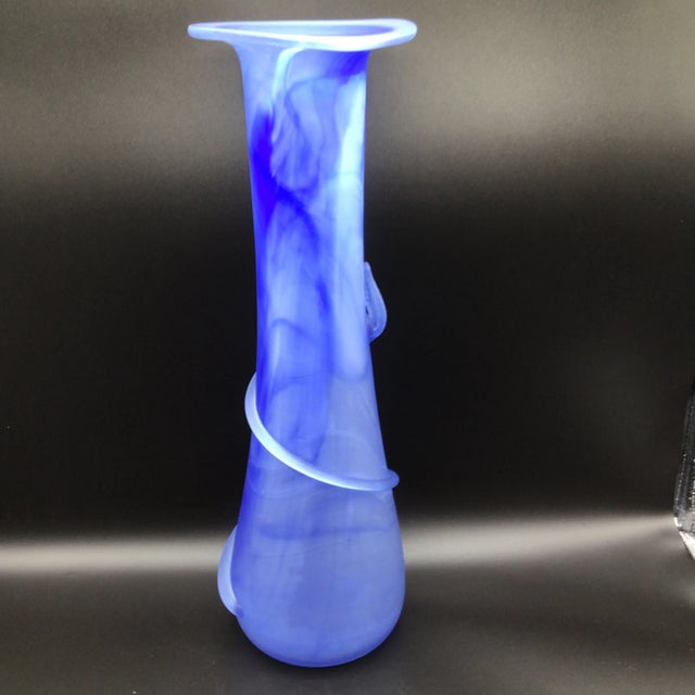 Glass Romanian Blue and White Hand Blown Swirl Vine Vase 16.75" Tall For Sale - Image 7 of 12
