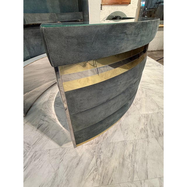 1970s Mid-Century Modern Attributed to Willy Rizzo Bar Cabinet in Blue Suede, Brass & Chrome For Sale - Image 9 of 13