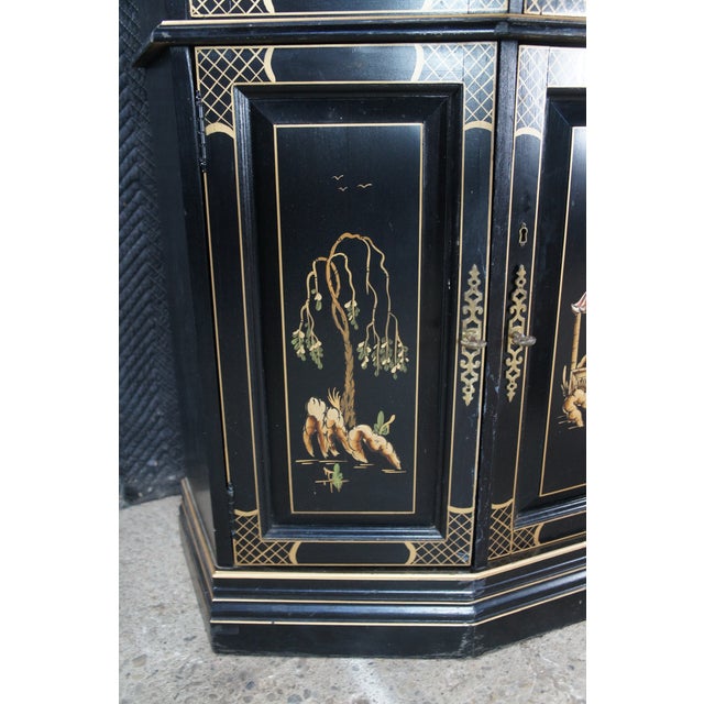 Black Vintage Jasper Black Lacquer Chinoiserie China Display Cabinet Pagoda Landscape, Attributed For Sale - Image 8 of 13