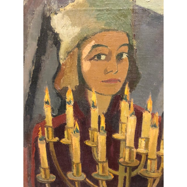 Expressionism Hildegard Rath, 1950's Expressionist Judaica Painting "I Lit All My Candles" Hanukkah Menorah, 1952 For Sale - Image 3 of 7
