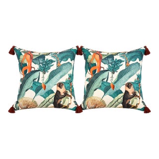 Pair of Custom Tropical Monkey Print Linen Pillows With Tassels For Sale