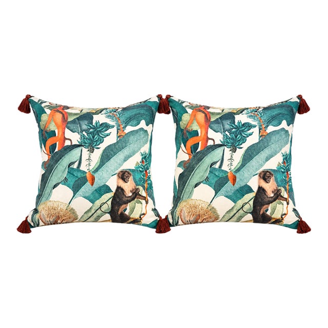 Pair of Custom Tropical Monkey Print Linen Pillows With Tassels For Sale