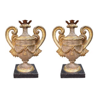1920s Pair of Italian Baroque Style Giltwood Urns For Sale