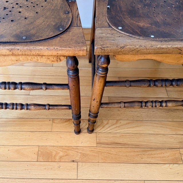 Brown Pair Pressed Back Chairs With Leather Seats For Sale - Image 8 of 11