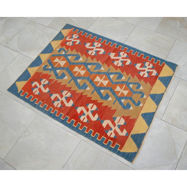 Flat Weave Kilim Rug, Vintage Oushak Rug Village Wool, Red Gold Blue Geometric, 3x4 Ft Approx For Sale - Image 15 of 16
