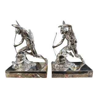Antique Silverplated Native American Indian Bookends - Standing Scout For Sale