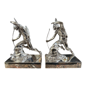 Antique Silverplated Native American Indian Bookends - Standing Scout