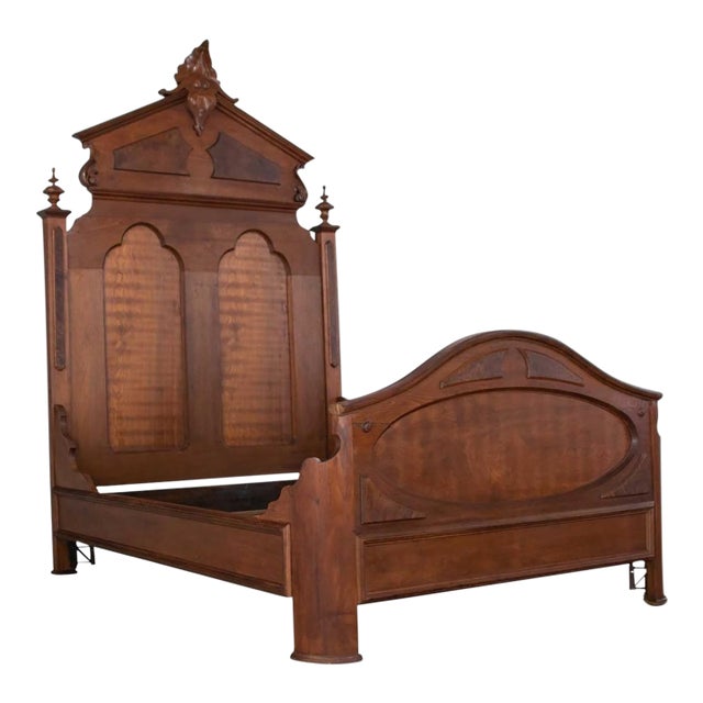 Antique Victorian Full Size Bed Tall Lincoln Style Walnut & Burl Walnut Hand Carved For Sale