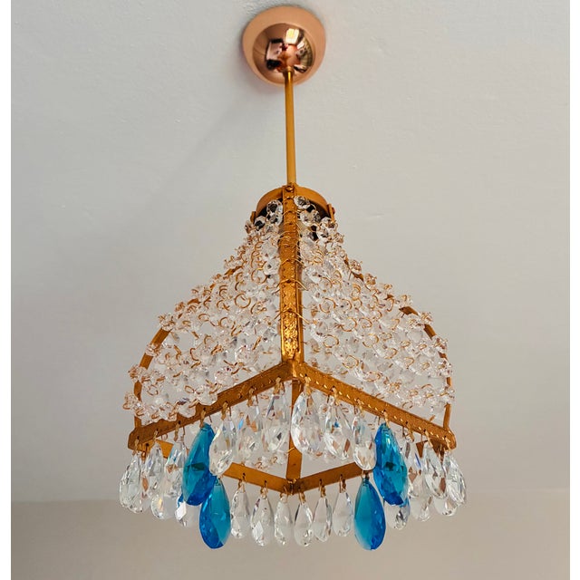 Vintage French Empire Brass & Crystal Pendant Light With Aqua Blue Drops - Pair Restored For Sale - Image 4 of 18
