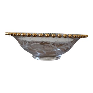Mid 20th Century Imperial Glass Candlewick Bowl With Etched Flowers and Gold Trim For Sale