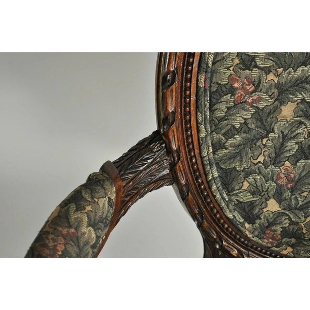 Vintage French Louis XVI Style Carved Walnut Fireside Arm Chair Fauteuil For Sale - Image 4 of 11