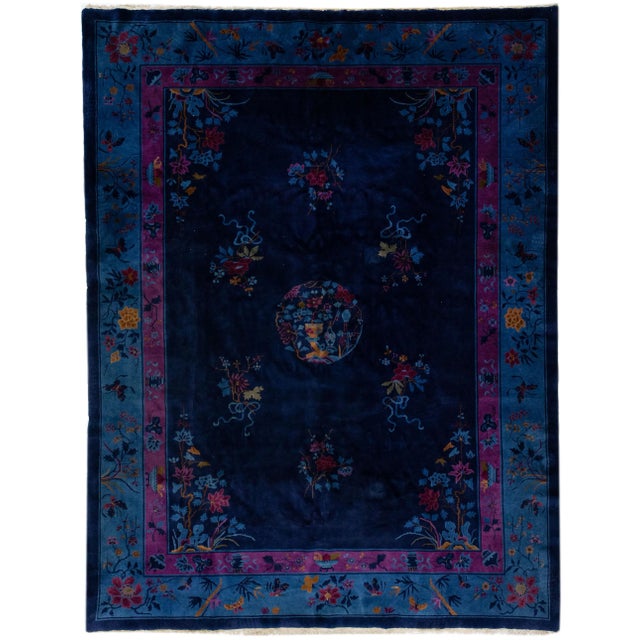 Textile 1920s Navy Blue Antique Chinese Art Deco Handmade Wool Rug With Floral Design For Sale - Image 7 of 7