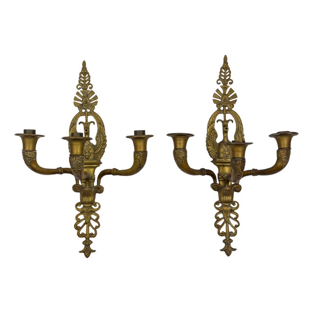 Antique Empire Bronze Wall Candle Sconces, Italy, 1890s, Set of 2 For Sale