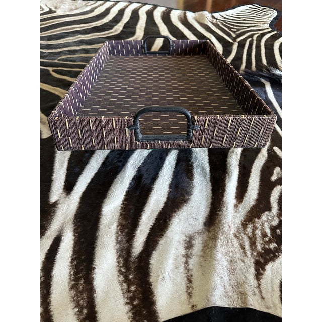 Contemporary Vintage Large 21” Chocolate Brown & Tan Grasscloth Tray With Blackened Wood Handles For Sale - Image 3 of 17