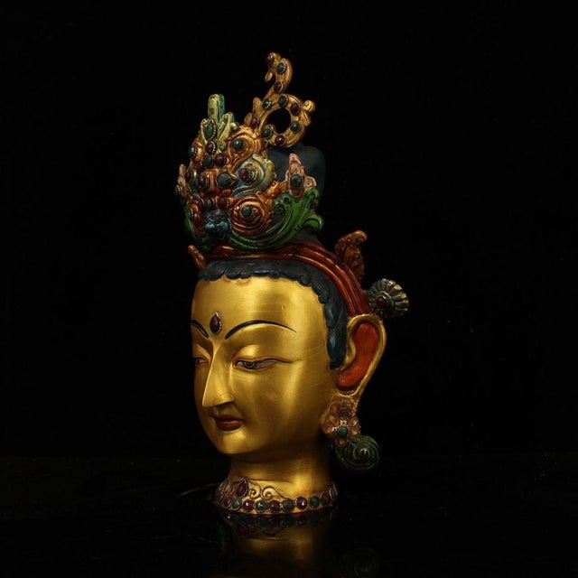 Religious Late 20th Century Nepalese Gilt Bronze & Polychrome Tara Head, Handcrafted Buddhist Deity Sculpture For Sale - Image 3 of 9
