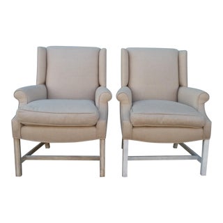 Vintage Upholstered Linen Arm Chairs - a Pair For Sale