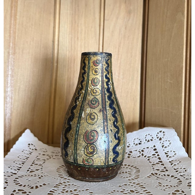 Rustic Antique Hand Turned Wood Vase Hand Painted Rustic Abstract Boho Style For Sale - Image 3 of 6